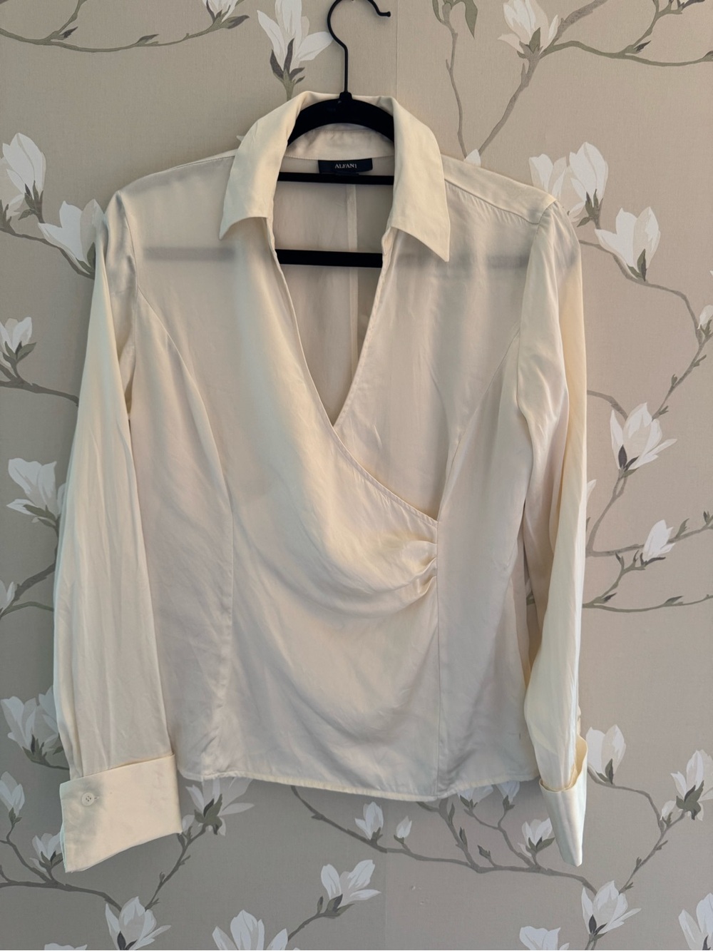 Alfani SILK Cream Wrap-Style Long-Sleeve Button Down Blouse